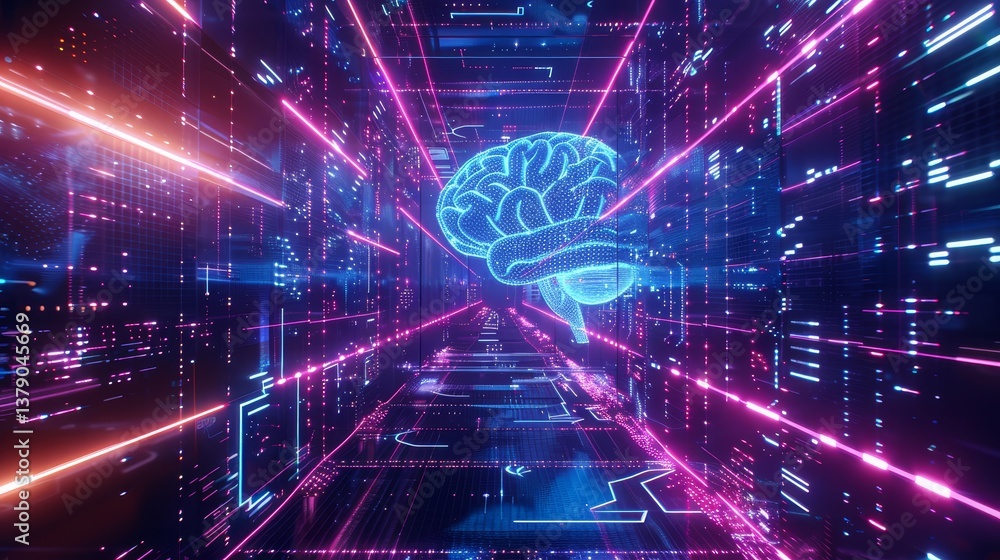 Aufkleber brain in neon cyberspace - futuristic concept of a brain within a glowing data grid, symbolizing ai,