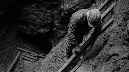 Fototapeta premium Monochromatic view of miner climbing a ladder in a deep, dark mine shaft