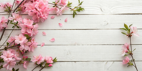 Cherry blossoms with delicate pink petals rest on a rustic wooden table. Soft morning light illuminates the scene, showcasing the beauty of springtime blooms and fallen petals