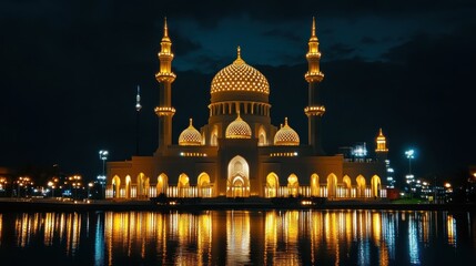 Obraz premium Majestic mosque glows warmly under the night sky with beautiful water reflection