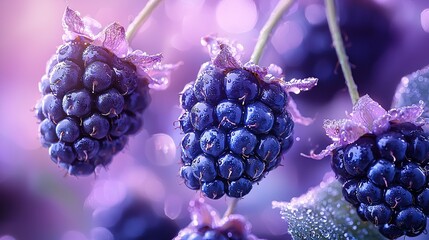   A blackberry plant's close-up, with droplets on berries and leaves