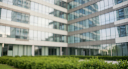 Fototapeta premium Modern Architecture: Glass Building & Greenery - Office Space, Urban Design, Contemporary Style, Real Estate, Facade