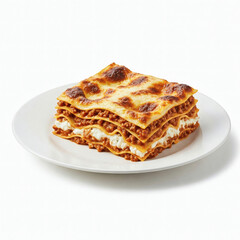 Stack of lasagna on a white plate, isolated on white background