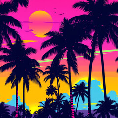 Retro vaporwave-inspired palm tree pattern with sunset gradients, nostalgic 80s aesthetics.