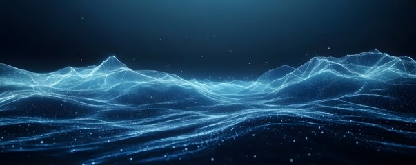 Abstract blue digital landscape with geometric mesh and dark background.
