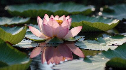 Serene Pink Lotus Bloom with Glossy Lily Pads and Water Reflections in Natural Light