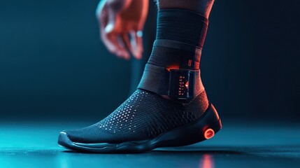 A person wearing a smart shoe with electronic ankle accessory