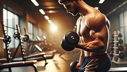 Muscular Man Performing Dumbbell Curl in Gym
