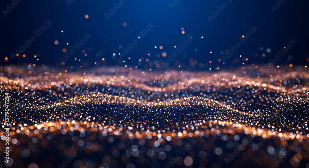 Poster abstract golden network: dazzling particle wave background for tech, data, and futuristic designs. s