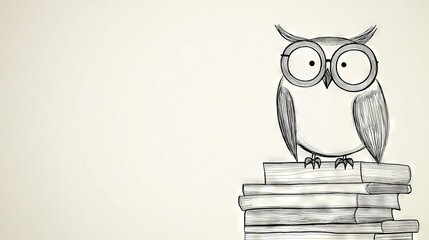   An illustration portrays an owl perched atop a pile of books, wearing spectacles on its eyes