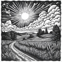 rural countryside with rolling hills, a winding road, a village, trees, and a radiant sunrise in sky sketch engraving generative ai raster illustration. Scratch board imitation. Black and white image