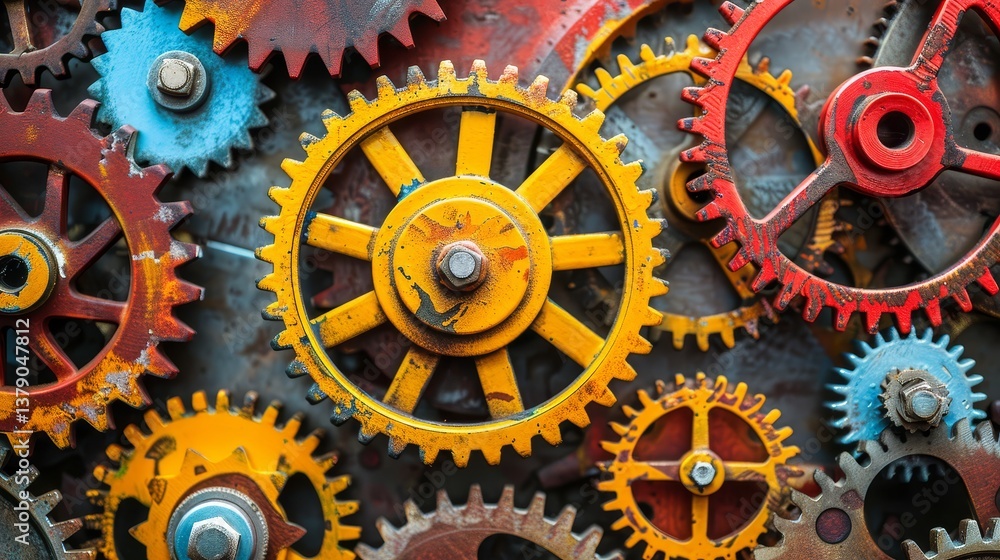 Poster colorful interlocking gears background - close-up of vibrant, multicolored gears intricately meshed 