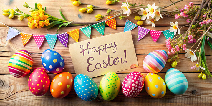 Vibrant Easter eggs in various colors and patterns are arranged on a rustic wooden table, accompanied by spring flowers and decorative bunting celebrating the holiday
