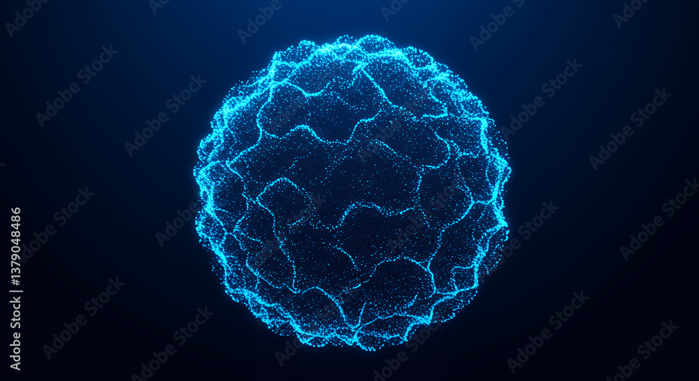 Poster luminous particle sphere: abstract digital art of glowing blue points in a dark void - futuristic te