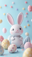 Fototapeta premium easter bunny and easter eggs simple background in kawaii 3d render style, cute, pastel colors, space for text