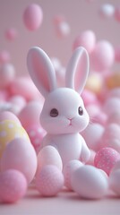 Fototapeta premium easter bunny and easter eggs simple background in kawaii 3d render style, cute, pastel colors, space for text
