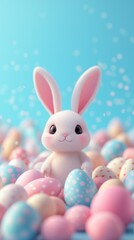Obraz premium easter bunny and easter eggs simple background in kawaii 3d render style, cute, pastel colors, space for text