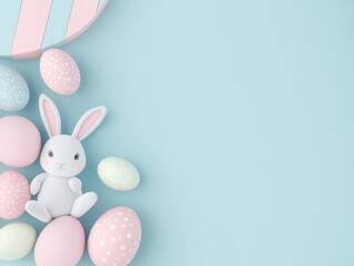 Fototapeta premium easter bunny and easter eggs simple background in kawaii 3d render style, cute, pastel colors, space for text