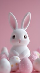 easter bunny and easter eggs simple background in kawaii 3d render style, cute, pastel colors, space for text