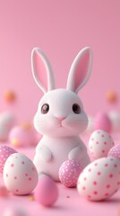 easter bunny and easter eggs simple background in kawaii 3d render style, cute, pastel colors, space for text
