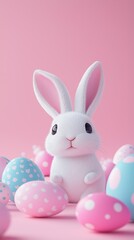 Obraz premium easter bunny and easter eggs simple background in kawaii 3d render style, cute, pastel colors, space for text