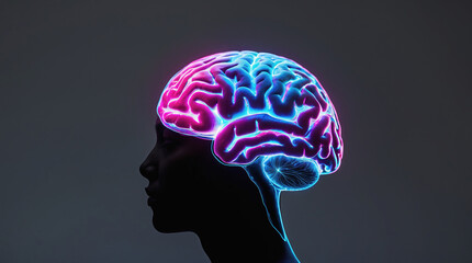 Obraz premium Neon brain silhouette with vivid colors against a dark background showcasing neural connections and creativity