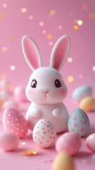 Fototapeta premium easter bunny and easter eggs simple background in kawaii 3d render style, cute, pastel colors, space for text