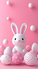 Obraz premium easter bunny and easter eggs simple background in kawaii 3d render style, cute, pastel colors, space for text