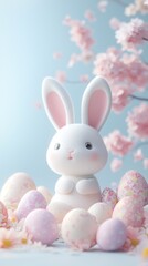 easter bunny and easter eggs simple background in kawaii 3d render style, cute, pastel colors, space for text