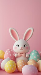 Obraz premium easter bunny and easter eggs simple background in kawaii 3d render style, cute, pastel colors, space for text
