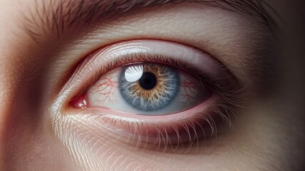 Close-up of a blue and brown eye with visible blood vessels. Macro detail showcasing the intricacy of the human eye. 