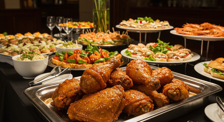 a sumptuous buffet spread, where trays of perfectly seasoned fried chicken are placed under warm lights, waiting to be served.