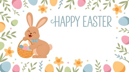 Cute Happy Easter Greeting Card with Bunny and Eggs