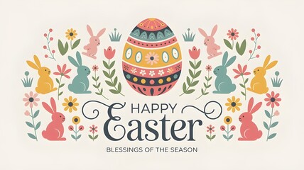 Cute Happy Easter Greeting Card with Bunny and Eggs