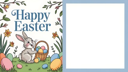 Cute Happy Easter Greeting Card with Bunny and Eggs