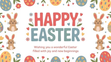 Cute Happy Easter Greeting Card with Bunny and Eggs