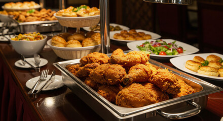a sumptuous buffet spread, where trays of perfectly seasoned fried chicken are placed under warm lights, waiting to be served.