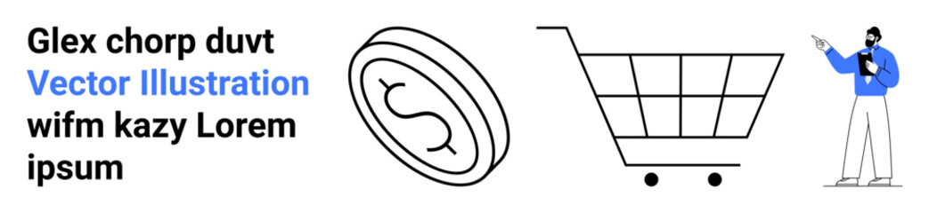 Coin with dollar sign, shopping cart, and person pointing while holding a laptop. Ideal for e-commerce, payment systems, shopping, financial planning, retail business, tutorials simple landing page