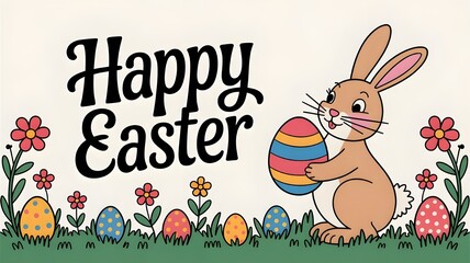 Cute Happy Easter Greeting Card with Bunny and Eggs