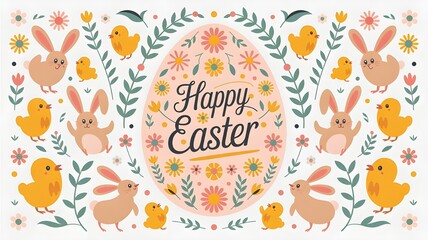 Cute Happy Easter Greeting Card with Bunny and Eggs