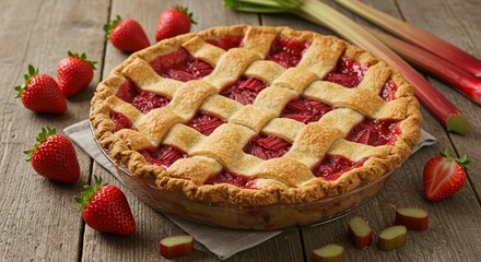 Strawberry Rhubarb Pie: A delightful close-up of a freshly baked strawberry rhubarb pie, featuring a lattice crust, alongside vibrant red strawberries and rhubarb stalks.