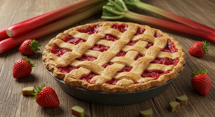 Strawberry Rhubarb Pie: A homemade strawberry rhubarb pie on a wooden table, showcasing a lattice crust, with vibrant strawberries and rhubarb stalks.