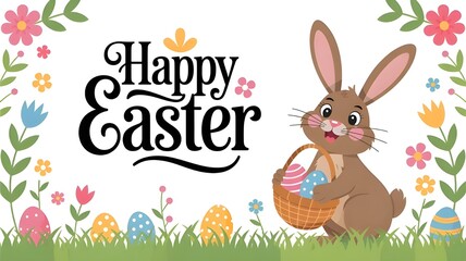 Cute Happy Easter Greeting Card with Bunny and Eggs
