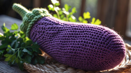 Colorful crocheted eggplant resting on a natural woven plate with fresh herbs in warm light