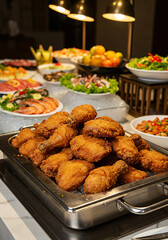 a sumptuous buffet spread, where trays of perfectly seasoned fried chicken are placed under warm lights, waiting to be served.