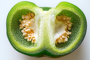 A close-up of a sliced green bell pepper with visible moisture and intricate inner structure, ultra-HD, isolated on solid white background.
