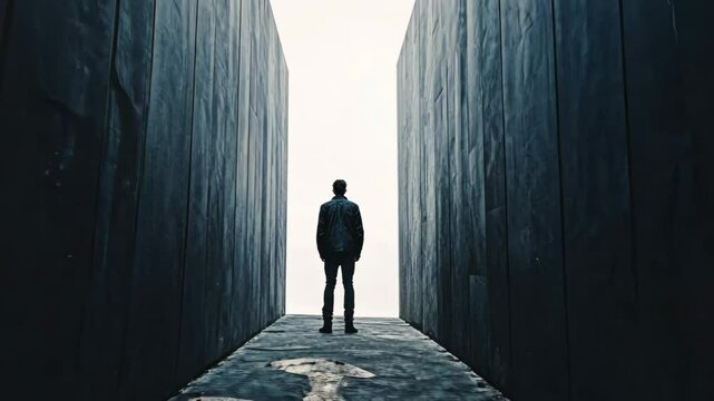 A silhouette of a person standing in a crevice between massive black walls, evoking feelings of solitude, confinement, and introspection in a stark, dramatic environment.