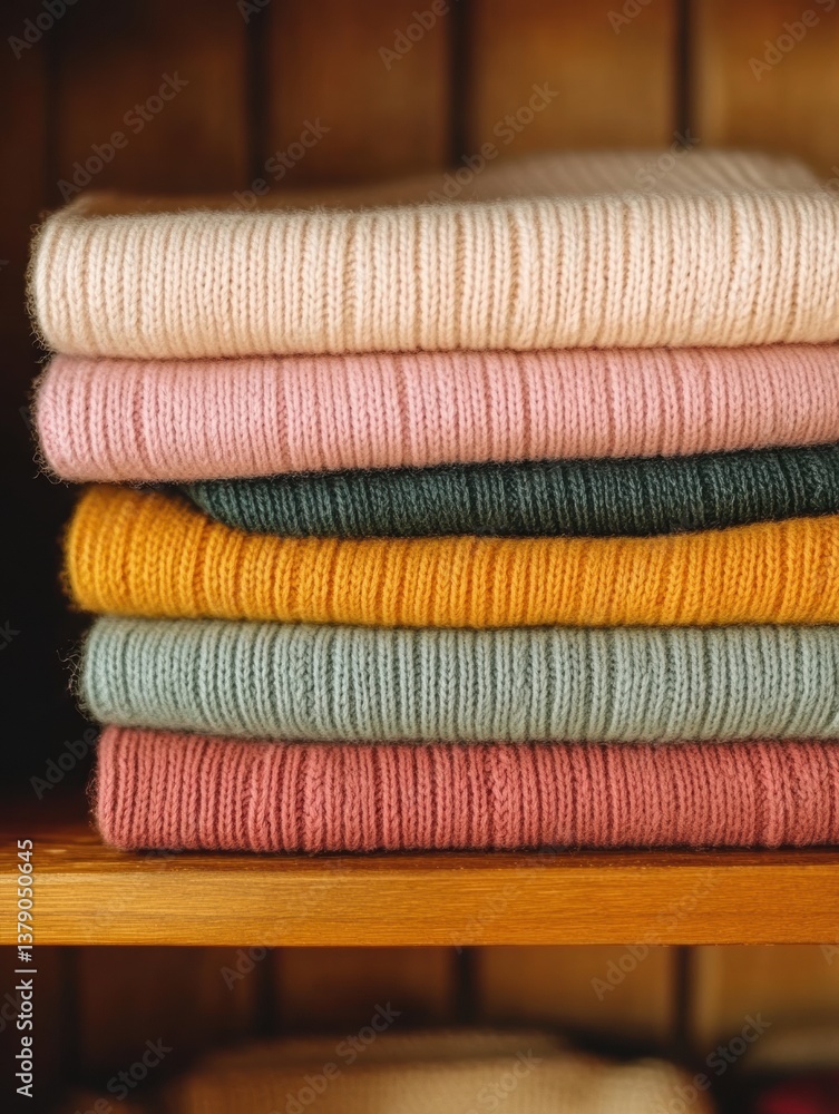 Poster charming display of cozy folded sweaters in rainbow colors on a wooden shelf with soft lighting crea