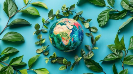 Earth Day: Green Planet - A painted globe surrounded by lush green leaves on a light blue background. Perfect for environmental awareness campaigns