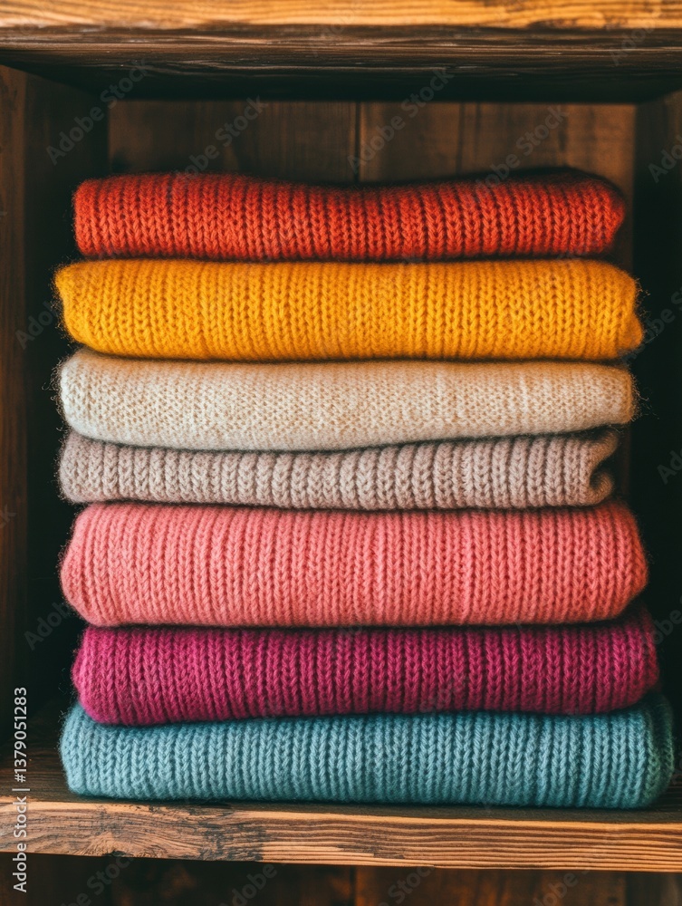 Aufkleber cozy stack of folded sweaters in rainbow colors arranged on a wooden shelf with soft lighting for a 